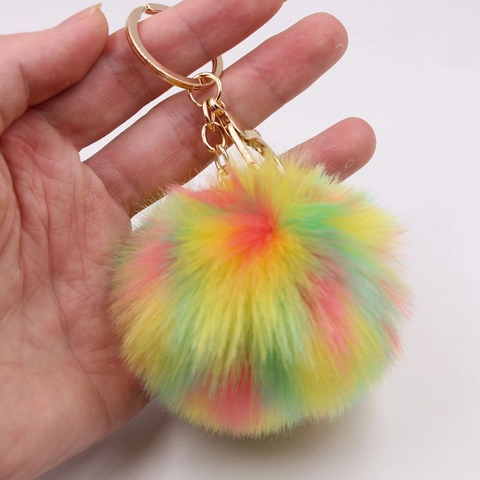 Bunter Regenbogen Kunstpelz Bommel Schlüsselanhänger Für Damen Gold Legierung Karabinerverschluss Weicher Plüschball Taschenanhänger