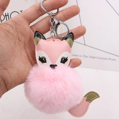 Lindo Llavero de Zorro Pelo Sintético Pompón Cuero PU Adorno para Bolso Colgante de Animal para Mujeres Niñas Regalo Accesorio para Llaves de Coche