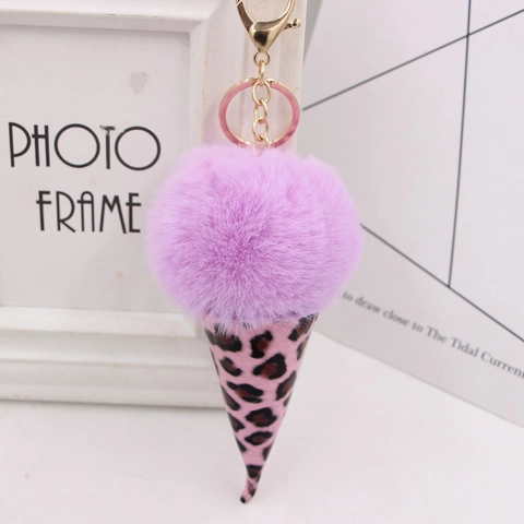 Portachiavi con Pompon a Forma di Gelato con Stampa Leopardata Pendente per Borsa in Ecopelle Accessorio in Pelle con Chiusura a Moschettone