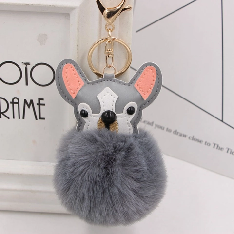 Franse Bulldog Pluche Pompon Sleutelhanger Schattige Cartoon Hond Tas Hanger PU Leer Kunstbont Bal Sleutelring Accessoire