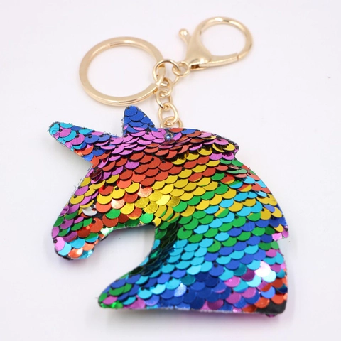 Lindo Llavero de Lentejuelas Reversibles de Arcoíris Brillantes de Aleación Forma de Unicornio Estrella Corazón Gato Oso Colgante Bolsa