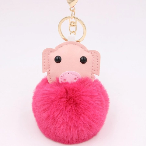 Cute Pig Artificial Fur Pom Pom Keychain Faux Rex Rabbit Fur Animal Shape Bag Charm PU Leather Keychain Accessory For Women Girls Gift