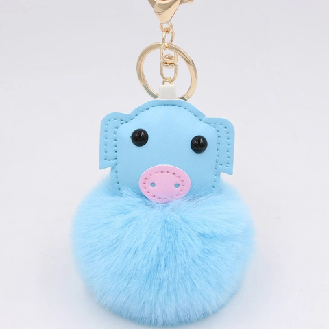 Cute Pig Artificial Fur Pom Pom Keychain Faux Rex Rabbit Fur Animal Shape Bag Charm PU Leather Keychain Accessory For Women Girls Gift