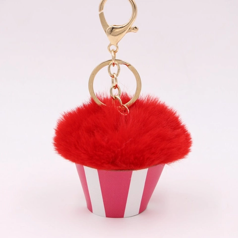 Porte-clés Pompon en Peluche Doux en Forme de Cupcake pour Femmes Pendentif de Sac Gâteau en Fourrure Synthétique Anneau en Alliage