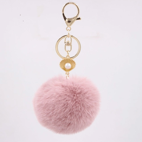 Llavero de Pompon de Piel Artificial para Mujer Colgante de Concha Perla Artificial Aleación Adorno de Bolso Llavero de Bola de Felpa Galvanizado