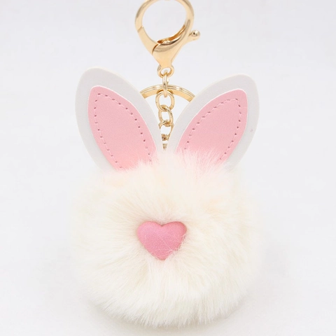 Llavero de Pompón con Orejas de Conejo Lindo Aleación Piel Sintética Corazón Colgante de Bolso Metal Dorado para Mujeres Niñas Accesorio de Peluche Regalo