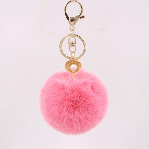 Llavero de Pompon de Piel Artificial para Mujer Colgante de Concha Perla Artificial Aleación Adorno de Bolso Llavero de Bola de Felpa Galvanizado