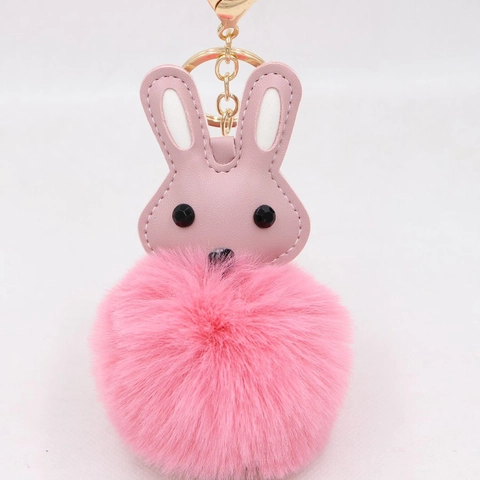 Cute Rabbit Pom-Pom Keychain Faux Fur PU Leather Long Ear Bunny Bag Charm For Women Purse Backpack Accessories Key Ring
