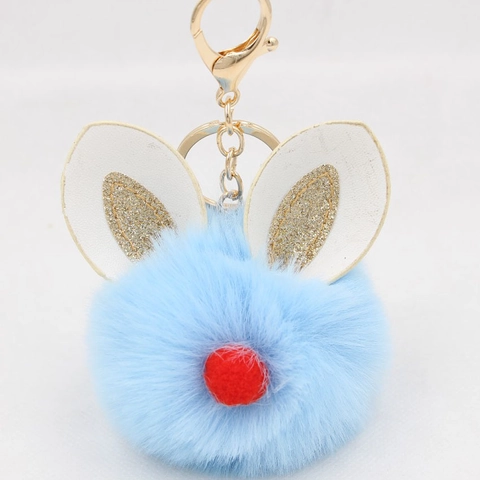 Cute Bunny Ear Faux Fur Ball Keychain Gold Electroplated Metal Lobster Clasp Rabbit Ears Plush Key Ring Christmas Gift