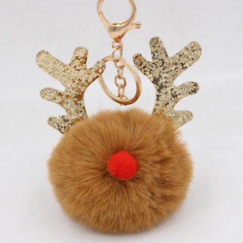Weihnachten Rentier Kunstpelz Pompon Schlüsselanhänger Glitzer Geweih Rote Nase Elch Tasche Anhänger Festival Geschenk