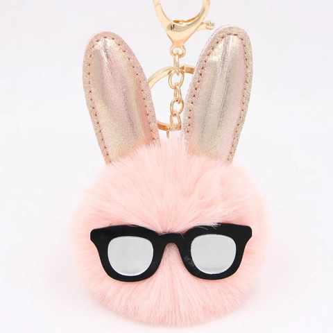 Cute Plush Rabbit Head Keychain With Sequin Ears And Glasses Artificial Fur Pompom Ball Pendant For Bag Accessory Gift