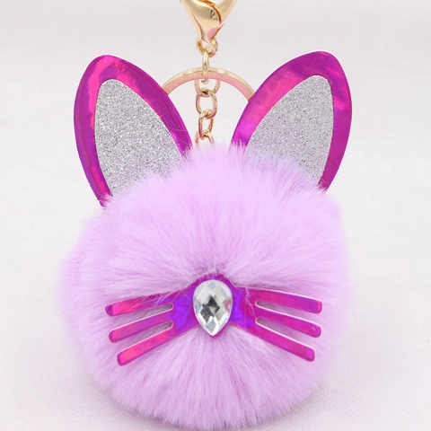 Schattige Pluche Kat Sleutelhanger Kunstbont Bal Tas Hanger Met Legering Pailletten Oren En Strass Neus Accessoire