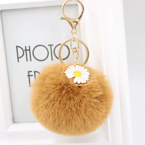 Modischer Kunstpelz Pompon Schlüsselanhänger Mit Gänseblümchen Anhänger Plüsch Tasche Anhänger Süße Blume Schlüsselring Für Damen