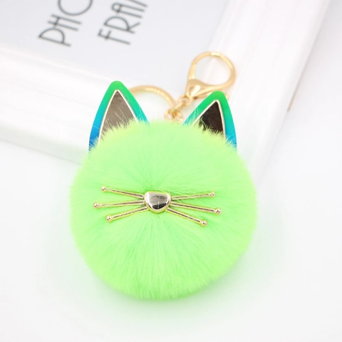 Cute Cat Plush Pom-pom Keychain With Metallic Ears And Face Artificial Fur Soft Bag Charm Hanging Pendant For Women Girls Gift