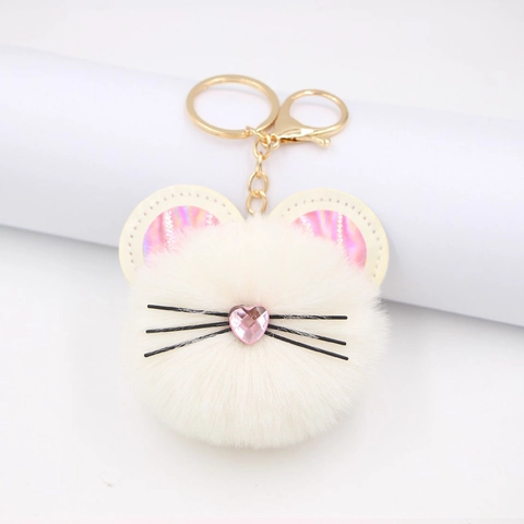 Süße Katzengesicht Kunstpelz Bommel Schlüsselanhänger Mit Herz Strass Nase Gold Legierung Karabinerverschluss Taschenschmuck Damen Mädchen