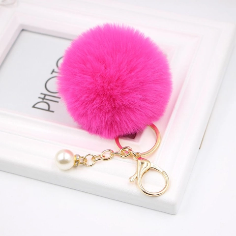 Porte-clés en Fourrure Artificielle Avec Perle Artificielle Blanche Strass Boule de Peluche Douce Pendentif de Sac Porte-clés Voiture Femme
