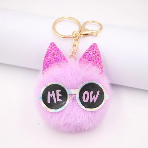 Cute Plush Cat Keychain With Sunglasses Glitter Ears Faux Fur Ball Bag Charm For Women Kids Key Ring Pendant Decoration