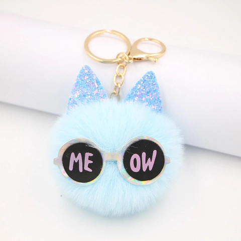 Cute Plush Cat Keychain With Sunglasses Glitter Ears Faux Fur Ball Bag Charm For Women Kids Key Ring Pendant Decoration