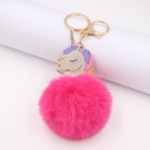 Cute Unicorn Plush Pom Keychain Alloy Enamel Charm Faux Fur Ball Bag Hanging Ornament For Women Girls Gift