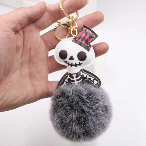 Halloween Schedel Leer Nepbont Bal Sleutelhanger Gothisch Ruit Hoed Charm Hanger Voor Schooltas Rugzak Cadeau