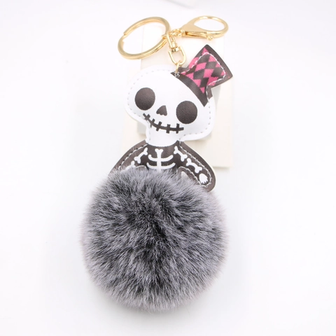 Halloween Schedel Leer Nepbont Bal Sleutelhanger Gothisch Ruit Hoed Charm Hanger Voor Schooltas Rugzak Cadeau