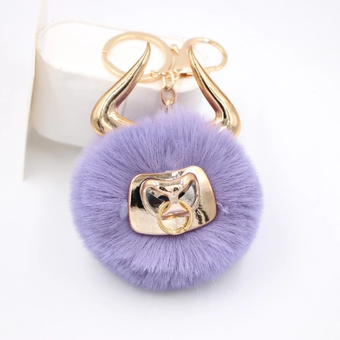 Cartoon Bull Plush Keychain Faux Fur Ball Gold Horns Ox Head Pendant Cute Bag Hanging Accessory Women Men Jewelry Key Ring