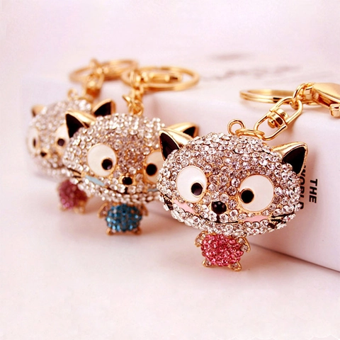Cute Cartoon Cat Rhinestone Keychain Shiny Zinc Alloy Animal Bag Pendant With Gold Key Ring For Women Girls Gift