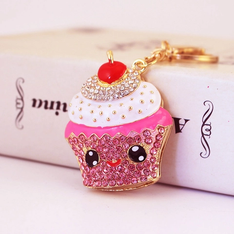 Süßer Cupcake Schlüsselanhänger Zinklegierung Strass Emaille Smiley Gesicht Kuchen Tasche Anhänger Für Damen Mädchen Geschenk