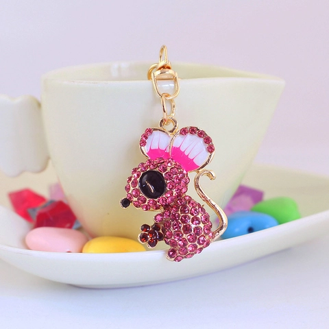 Cute Cartoon Mouse Zinc Alloy Keychain For Women Pink Rhinestone Enamel Animal Charm Bag Pendant Gold Key Ring Jewelry Gift