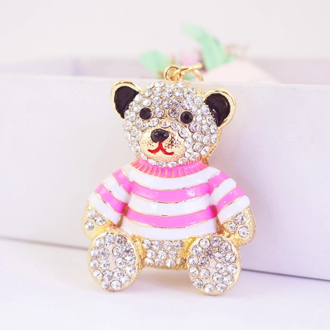 Cute Striped Bear Keychain For Women Rhinestone Metal Bear Pendant Bag Accessory Fashion Gold Plated Animal Keyring Gift