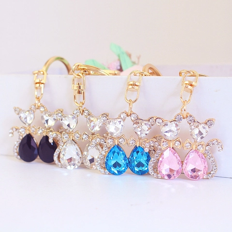 Cute Zinc Alloy Double Cat Keychain With Rhinestone Artificial Crystal Inlaid Animal Bag Charm Keyring Jewelry For Women Girls