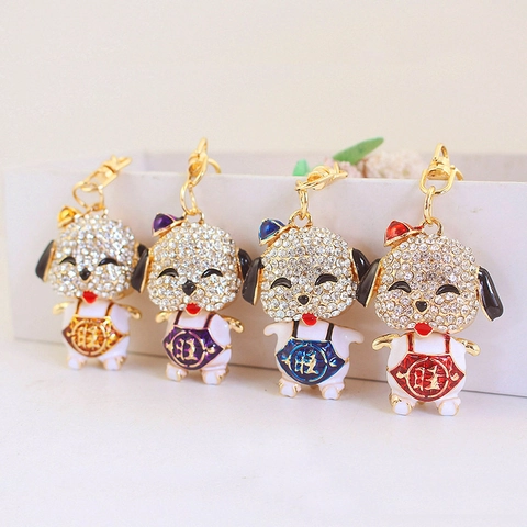 Porte-clés Chien en Strass de Dessin Animé Mignon Pendentif de Sac Chiot Chanceux en Alliage Émaillé Cadeau pour Femme Accessoires Porte-clés