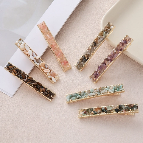 Pinza de Pelo de Pico de Pato de Piedra Natural Vintage Elegante Latón Concha Ámbar Incrustada Horquilla Para Mujer Accesorio Retro