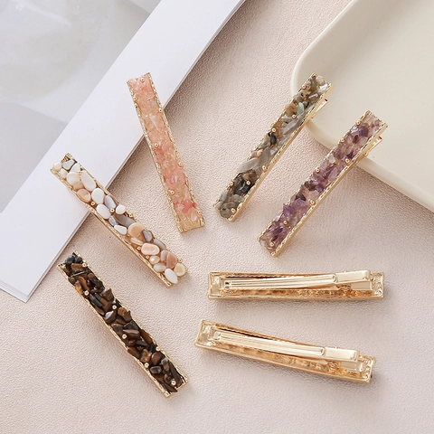 Pinza de Pelo de Pico de Pato de Piedra Natural Vintage Elegante Latón Concha Ámbar Incrustada Horquilla Para Mujer Accesorio Retro