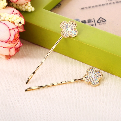 Koreanischer Stil Legierung Gold Vierblättriges Kleeblatt Haarklammer Strass Künstliche Perle Bobby Pin Mode Haarschmuck Für Damen