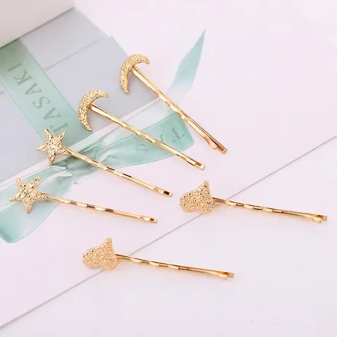Goldlegierung Geometrische Mond Stern Herz Haarklammer Eleganter Metallhaarnadel Mit Gehämmerter Textur Für Damen Tägliche Accessoires