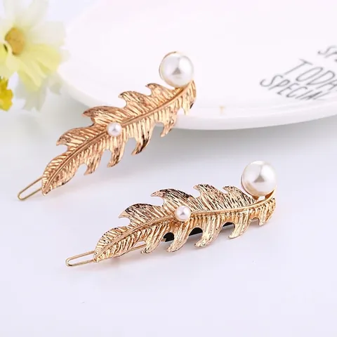 Fermagli per Capelli in Lega a Forma di Piuma e Foglia Placcati in Oro Vintage Con Finta Perla Artificial Decorativa per Donna Gioielli per Capelli