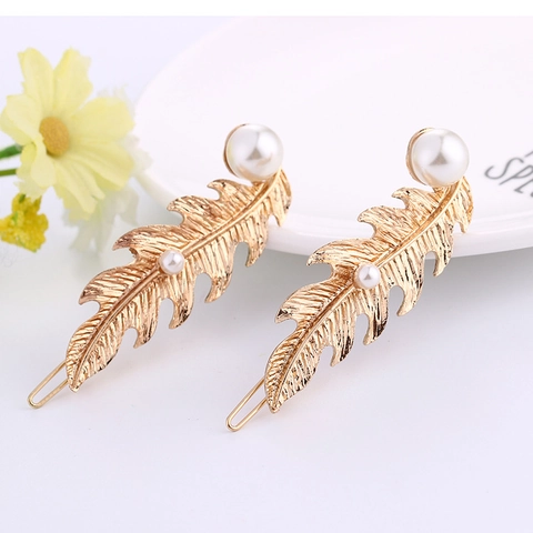 Fermagli per Capelli in Lega a Forma di Piuma e Foglia Placcati in Oro Vintage Con Finta Perla Artificial Decorativa per Donna Gioielli per Capelli
