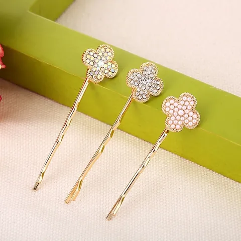Koreanischer Stil Legierung Gold Vierblättriges Kleeblatt Haarklammer Strass Künstliche Perle Bobby Pin Mode Haarschmuck Für Damen