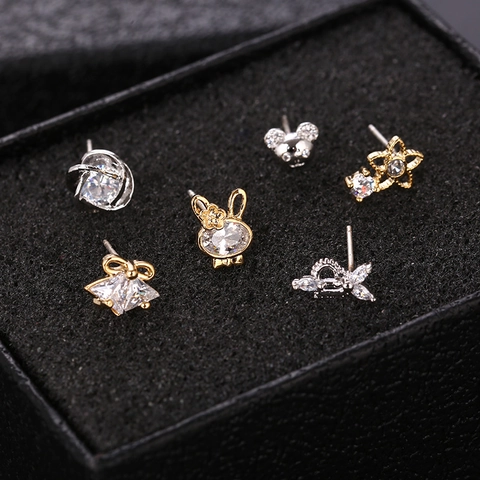 Boucles d'Oreilles Clous en Argent Sterling 925 pour Femmes Dessin Animé Animal Lapin Ours Étoile Strass Incrusté Bijoux d'Oreille