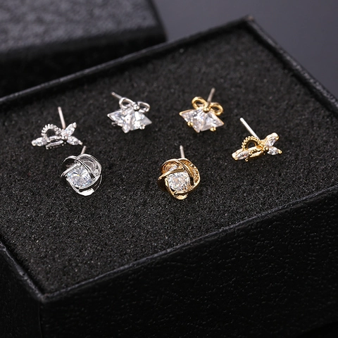 Boucles d'Oreilles Clous en Argent Sterling 925 pour Femmes Dessin Animé Animal Lapin Ours Étoile Strass Incrusté Bijoux d'Oreille