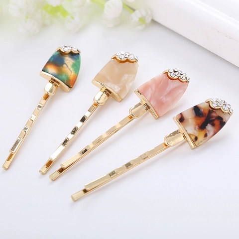 Fashion Alloy Acetate Hair Clip For Women Cute Ice Cream Shape Popsicle Design Rhinestone Embellished Marble Texture Hair Accessory Headwear
