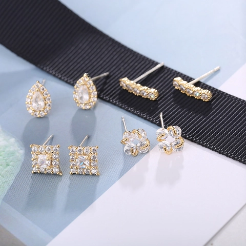 Geometric Zirconia Stud Earrings With 925 Sterling Silver Earring Post Copper Base Square Drop Flower For Women Jewelry