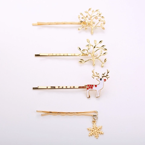 Christmas Theme Alloy Rhinestone Artificial Pearl Hair Clips Deer Snowflake Tree Shape Gold Bobby Pins For Women Jewelry