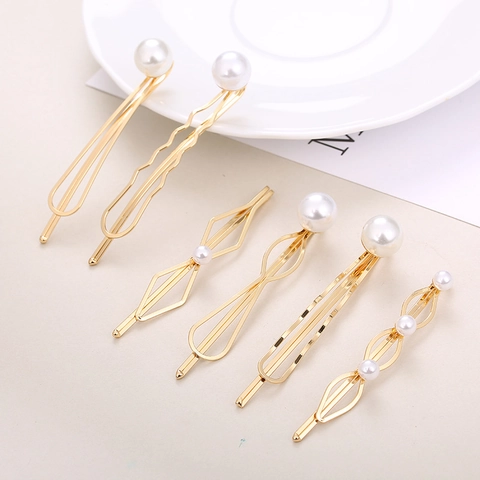 Eleganti Fermagli per Capelli da Donna in Lega d'Oro Set con Künstliche Perle d'Imitazione Geometrici a Onda Rombo a Goccia d'Acqua Accessori Moda