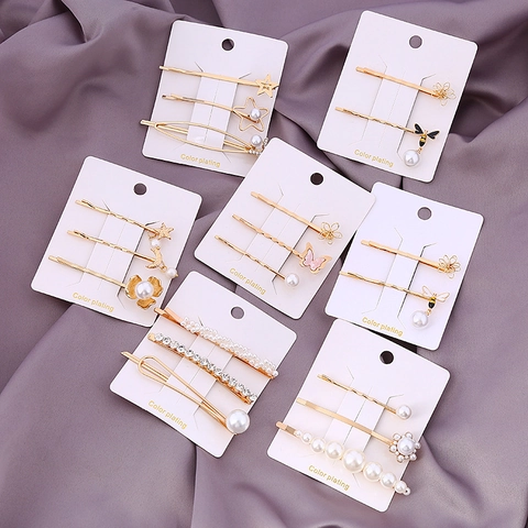Juego de Pinzas para el Cabello de Aleación Estilo Coreano para Mujeres Niñas Mariposa Abeja Flor Con Perla Artificial Diamantes de Imitación Pasadores de Pelo Dorado