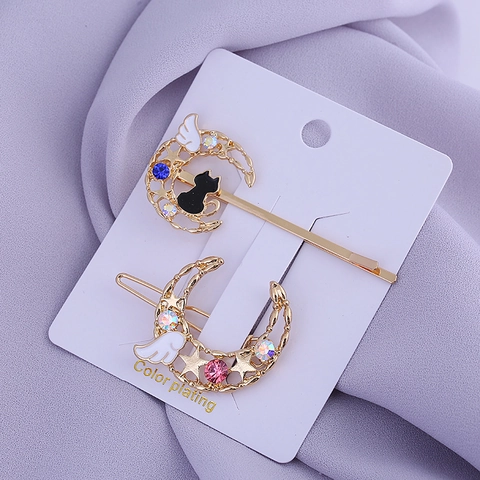 Ensemble de Barrettes à Cheveux Style Anime Japonais Chat Lune Étoile Ailes en Alliage de Zinc Doré avec Strass pour Femmes