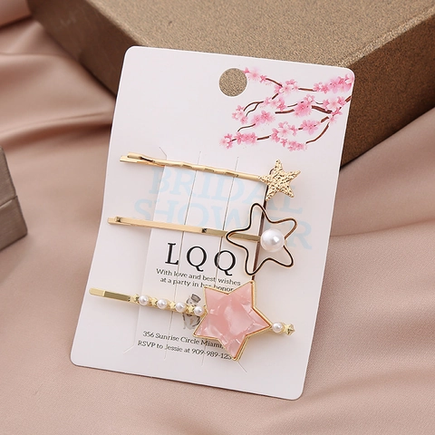 Star Faux Artificial Pearl Hair Clip Set Alloy Metal Rhinestone Bobby Pin Side Clips For Women Girls Sweet Hair Accessories