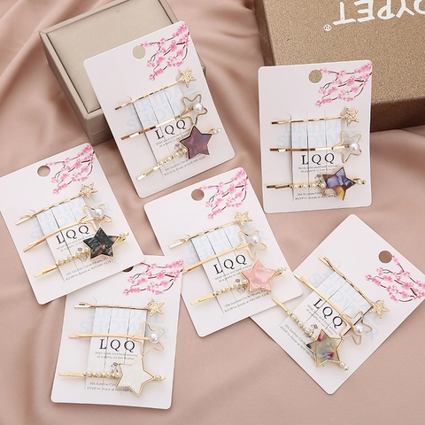 Star Faux Artificial Pearl Hair Clip Set Alloy Metal Rhinestone Bobby Pin Side Clips For Women Girls Sweet Hair Accessories