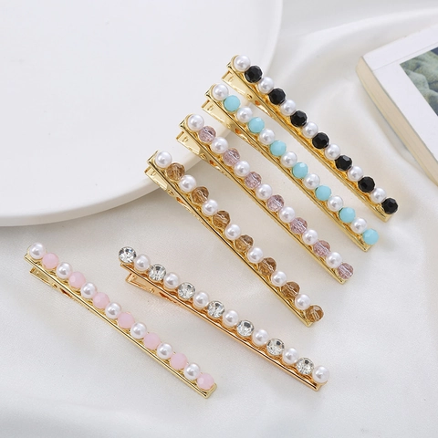 Vintage Gold Alloy Faux Artificial Pearl Rhinestone Hair Clip For Women Korean Style Elegant Duckbill Side Bangs Clip Hair Jewelry
